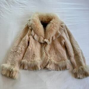 Gorgoues pink real rabbit fur agfhan jacket with real fox fur collar
